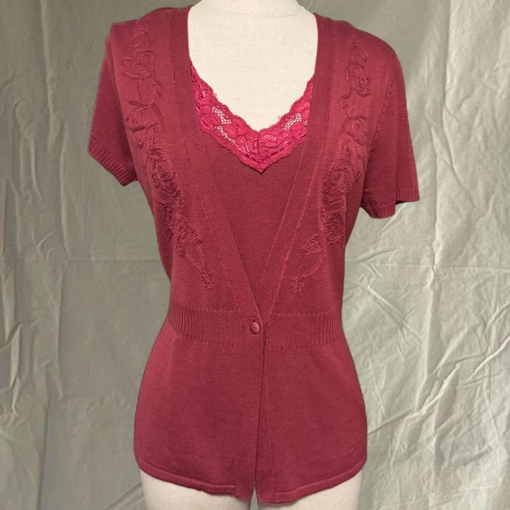 Y2K Burgundy Lace Trim Layered Cardigan Top